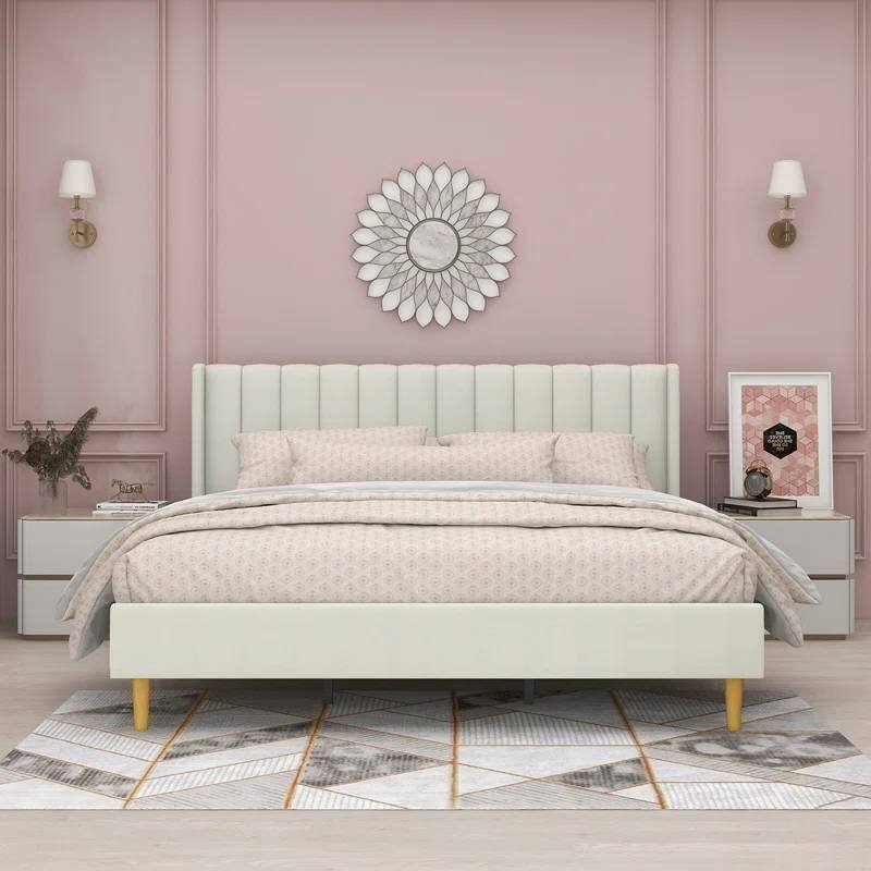 Modern Velvet Upholstered Platform Bed Frame with Padded Headboard and Wooden Slats - Cream - King