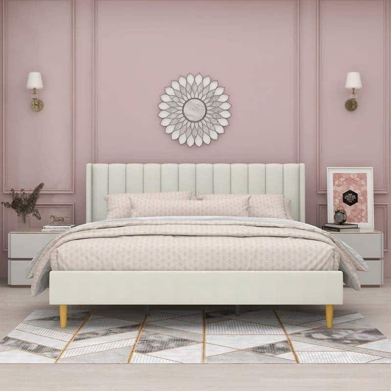Modern Velvet Upholstered Platform Bed Frame with Padded Headboard and Wooden Slats
