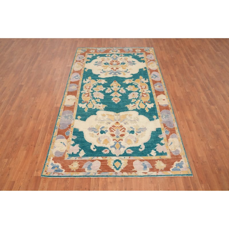 Hand Knotted Oriental 100% Wool Carpet Transitional Floral Green Oushak Area Rug - 8' 9'' X 5' 0''