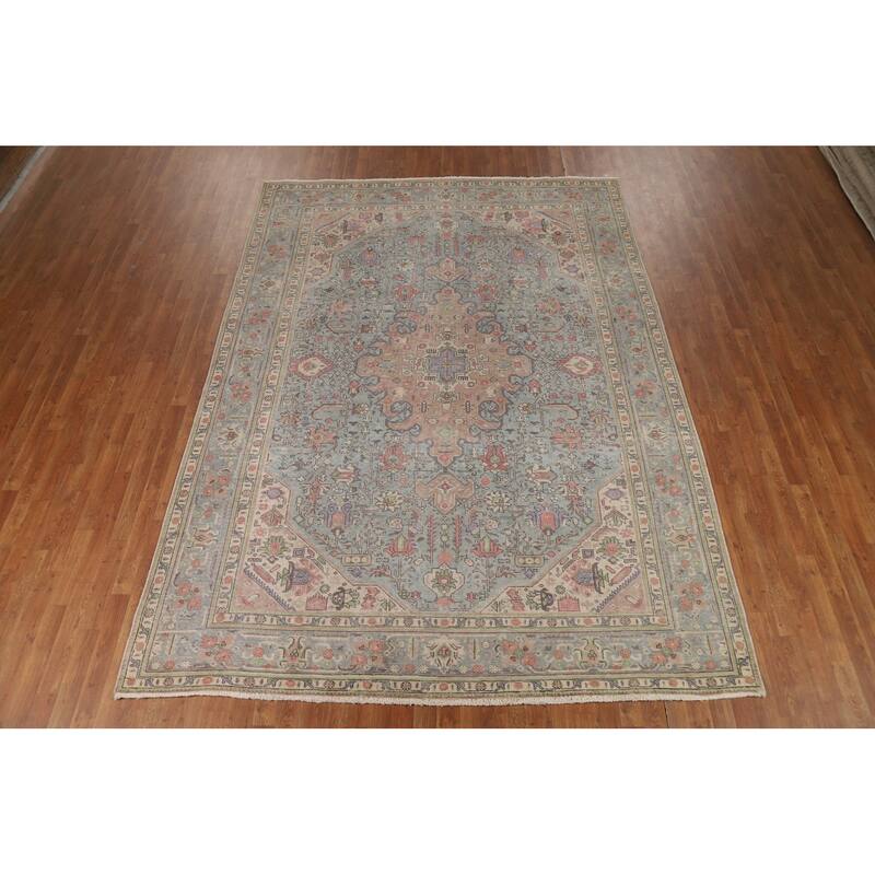Blue Tabriz Persian Area Rug Hand-Knotted Geometric Wool Carpet - 8'0"x 11'0"