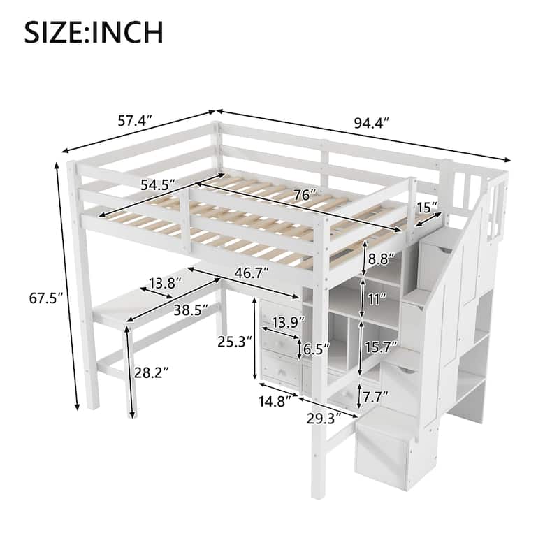 Full Size Loft Bed with L-Shaped Desk, Drawers, Cabinet, and Storage Staircase, White