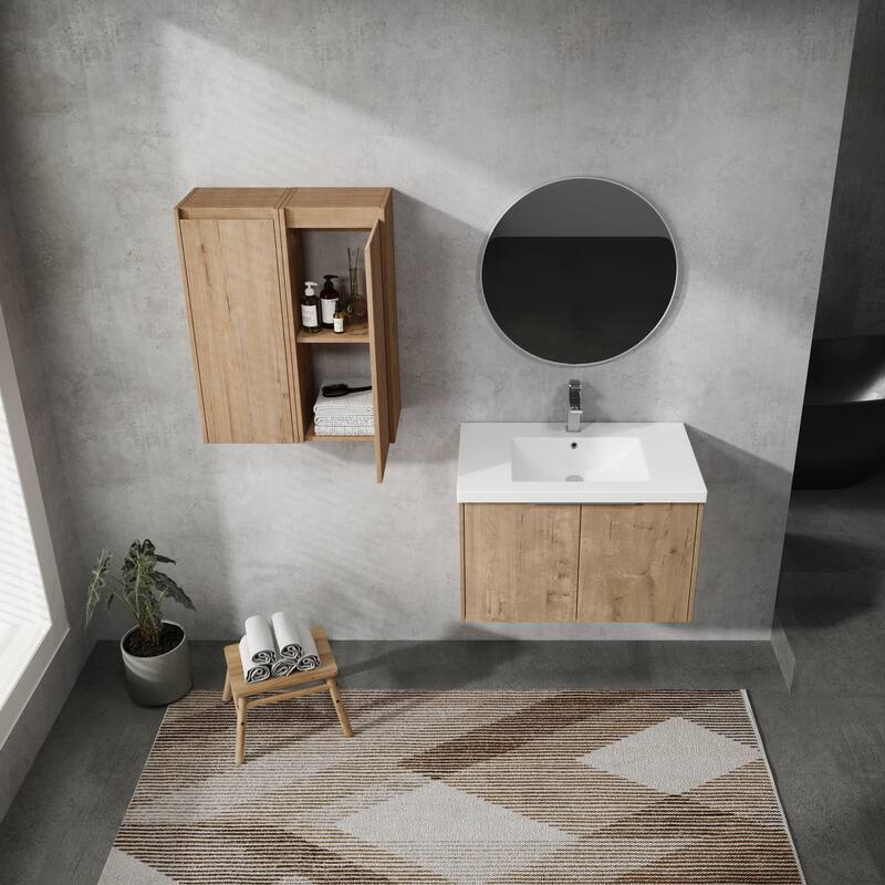 24" Floating Bathroom Vanity with Resin Sink, Side Cabinets, Soft-Close Doors, and Luxury Metal Handles
