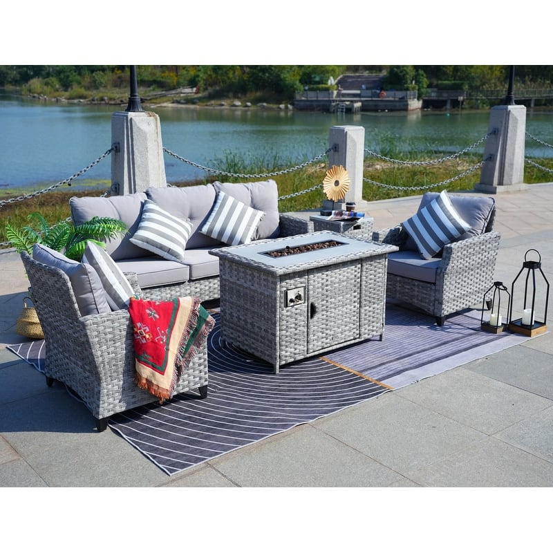 5-Piece Patio Wicker Sofa Set with Firepit Table and Rain cover - Grey