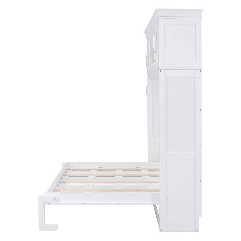 White Queen Size Wall Bed with Top Cabinets - Space Saving Foldable Murphy Bed for Guest Room