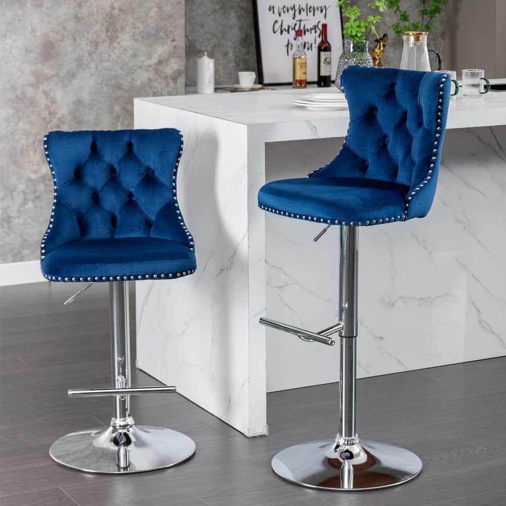 GDFStudio - Modern Upholstered Swivel Velvet Bar Stools with Adjustable Seat Height and Tufted Back (Set of 2)