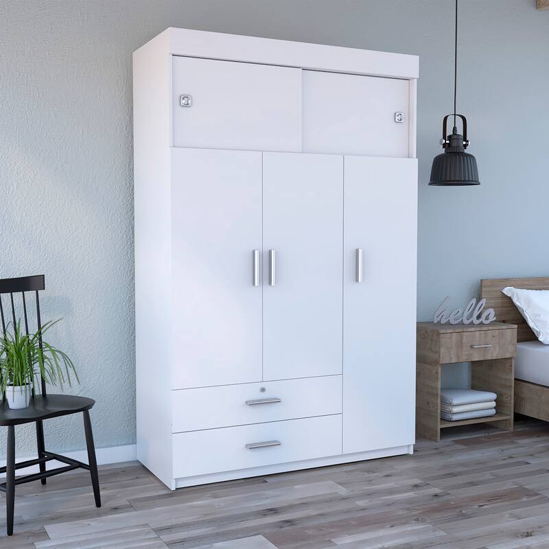 47.2" Modern Three-door Armoire with Two Drawers and Two Superior Adjustable Shelves - White