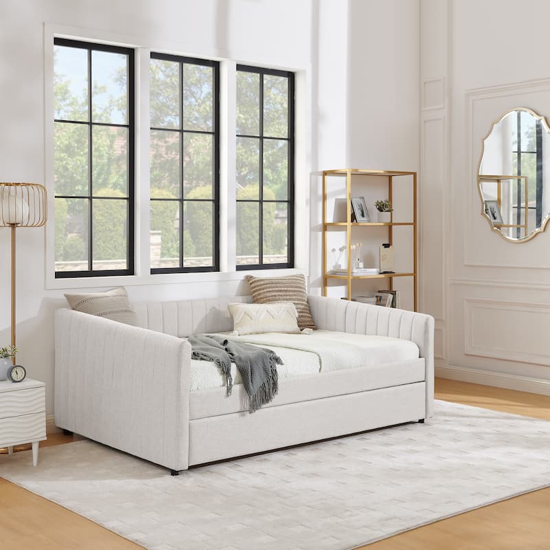 Full Size Daybed with Trundle Upholstered Sofa Bed, with Vertical Stripes, Linen Fabric, Beige (82.5"x58"x30")