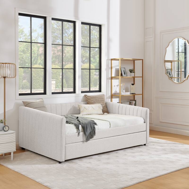 Twin/Full Size Daybed with Trundle, Upholstered Sofa Bed with Vertical Stripes, Linen Fabric, Comfortable Seating for Bedroom