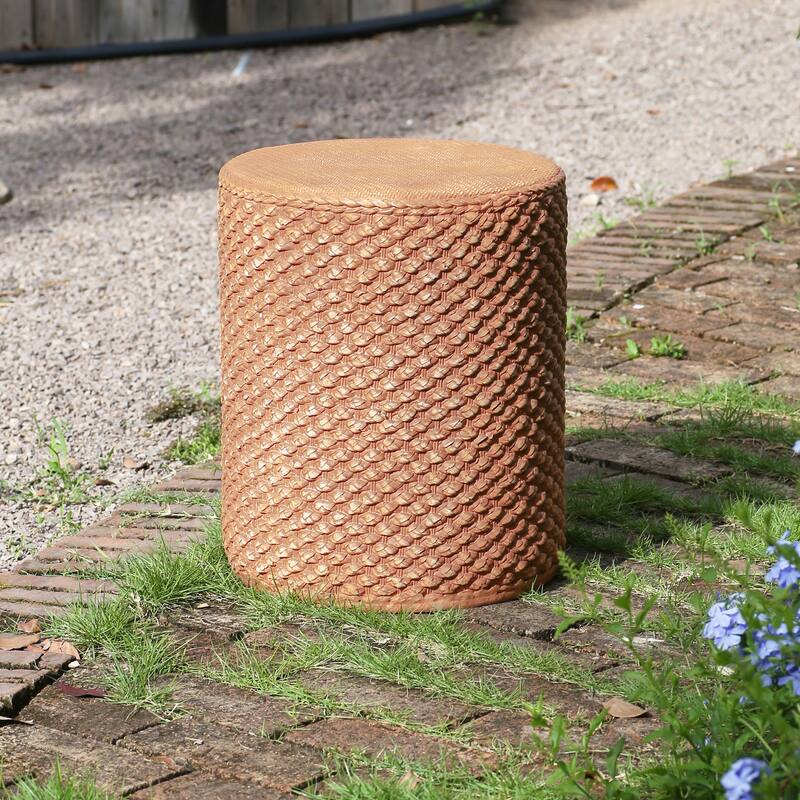 Roomfitters Evie Outdoor Round Side Table with Faux Rattan Weave Texture, Weather Resistant MGO, Brown