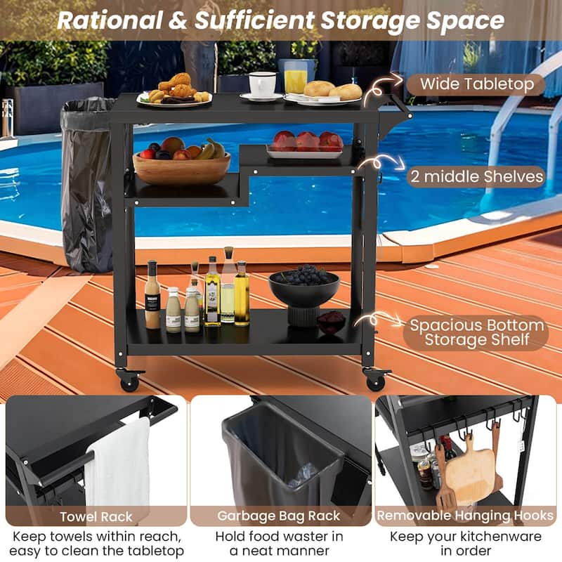 Costway Rolling Grill Cart 3-Shelf BBQ Table Pizza Oven Stand with - See Details
