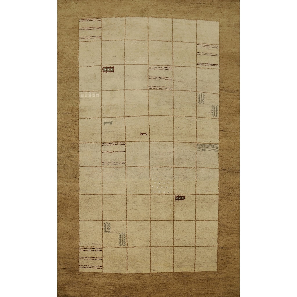 Hand Knotted Oriental 100% Wool Carpet Modern Geometric Beige & Ivories Gabbeh Area Rug - 7' 11'' X 5' 5''
