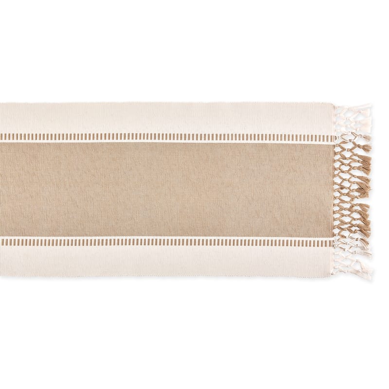 Dobby Stripe Ribbed Table Runner with Mini Tassels - 72" - Cream and Beige