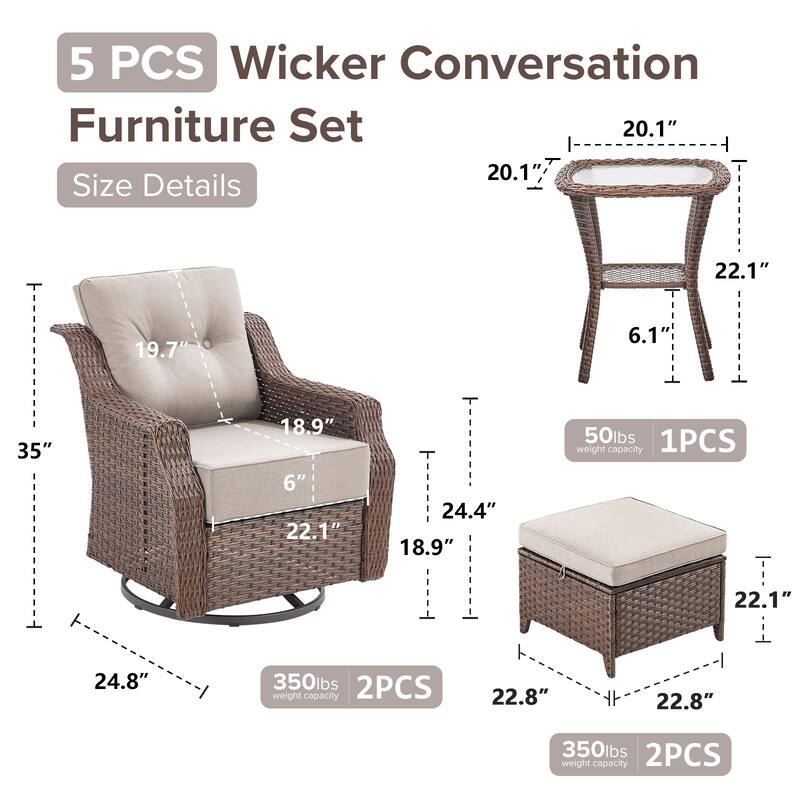 Gymojoy 5-Piece Wicker Patio Furniture Set, 6-Inch Ultra Thick Cushioned 360° Swivel Glider Chairs