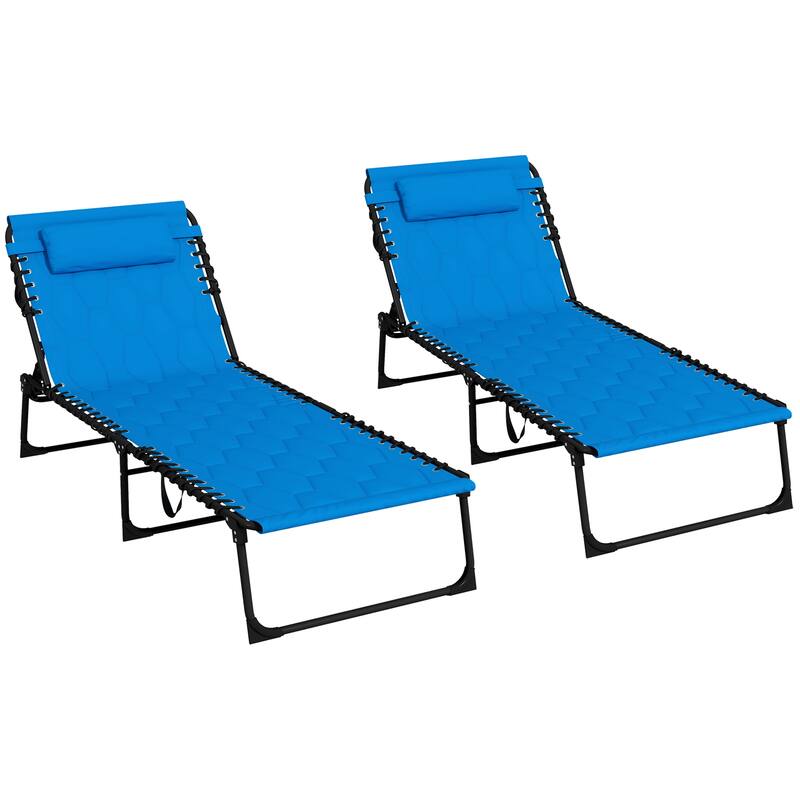 Folding Tanning Chair Set of 2, Outdoor Recliner Lounge Chairs with Pillow, Storage Pocket & Adjustable Backrest