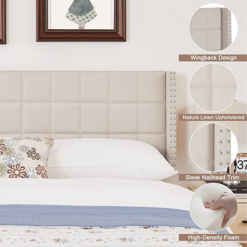 Javlergo Queen/King Size Adjustable Upholstered Headboard, Modern Wingback Headboard with Double Nailhead Trimming