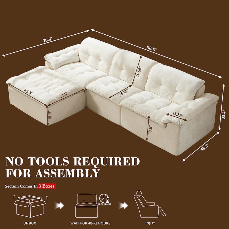 Rossetta L-Shaped Modular Chenille Cushioned Extreme Comfort Sofa with Detachable Backrest and Armrests, 1 Removable Ottoman