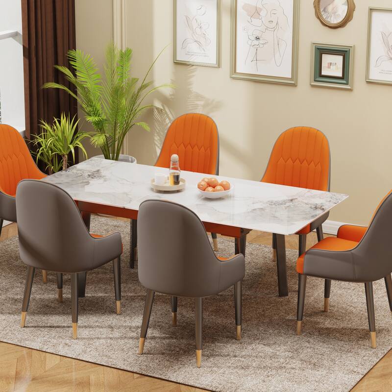 Sintered Stone Top Extendable Table and Chairs Dining Set - 6 Chairs - Elegant White/Orange