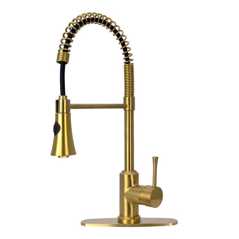 Copper Pre-Rinse Spring Kitchen Faucet, Single Level Handle and Pull Down Sprayer - Brass Gold