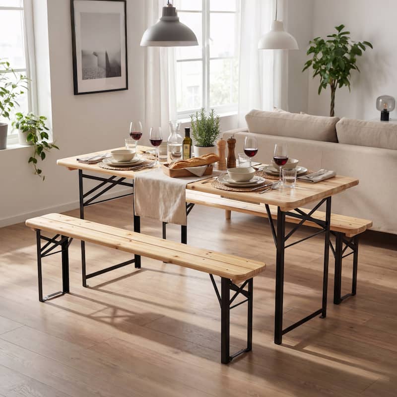 Gymax 3PCS Folding Picnic Table w/ Benches Seats & Metal Frame for