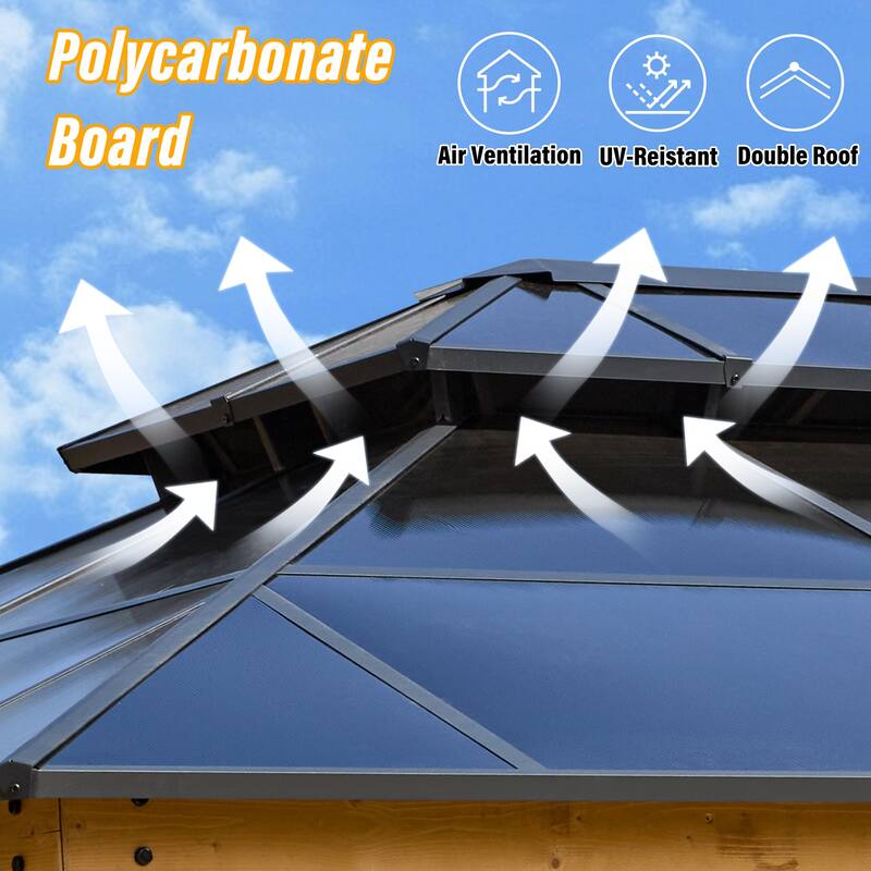 EROMMY Outdoor Wood Gazebo with Double Polycarbonate Roof, Heavy Duty Backyard Patio Pergola Canopy for Garden Shade