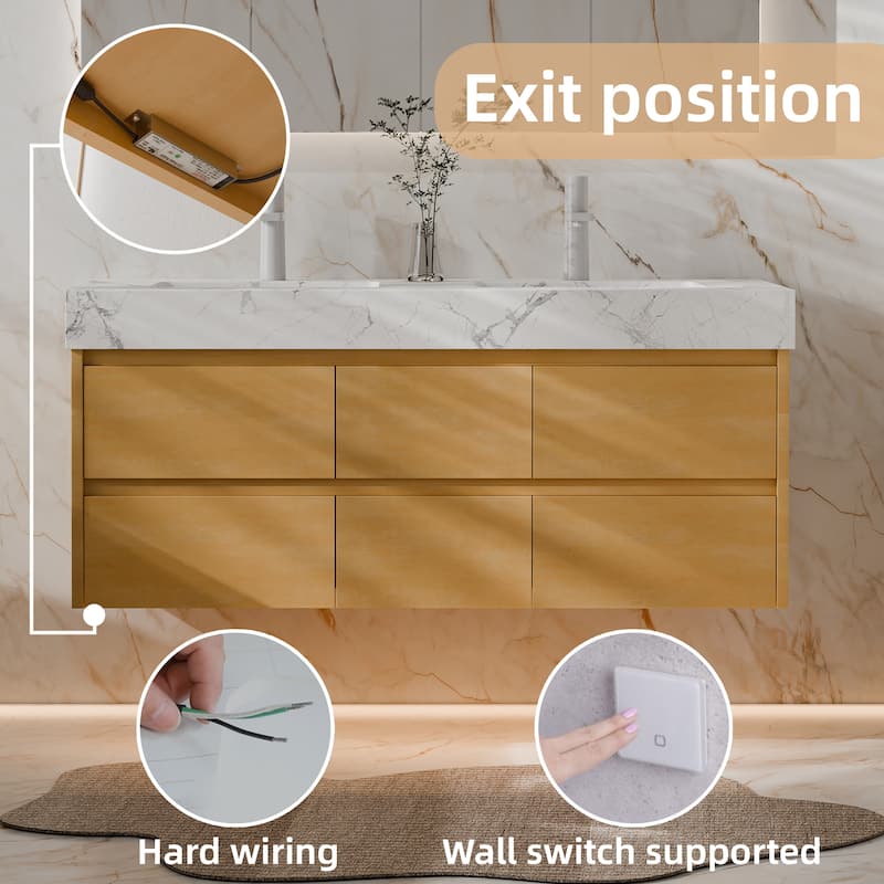 Modland 48" Wall-Mount Double Vanity with LED Lights & 6 Soft-Close Drawers - Engineered Stone Top, Maple Finish - 48 inch