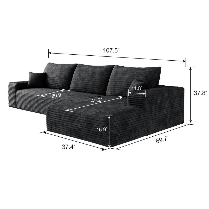 107-Inch Modular Corduroy Sectional Sofa with Chaise and Deep Seating for Living Room Bedroom