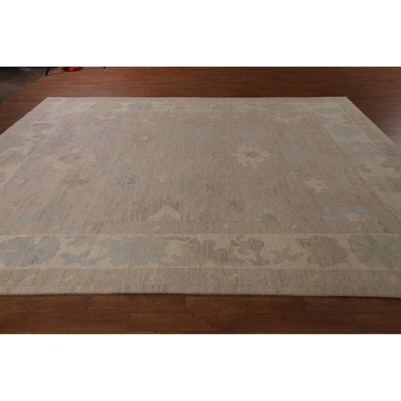 Transitional Beige Oushak Turkish Area Rug Hand-Knotted Wool Carpet - 8'11"x 11'10"