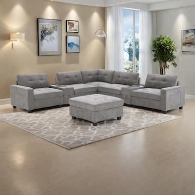 104" Chenille U-Shaped Sectional Sofa with 2 Acrylic Tables, USB Charging and Storage Ottoman
