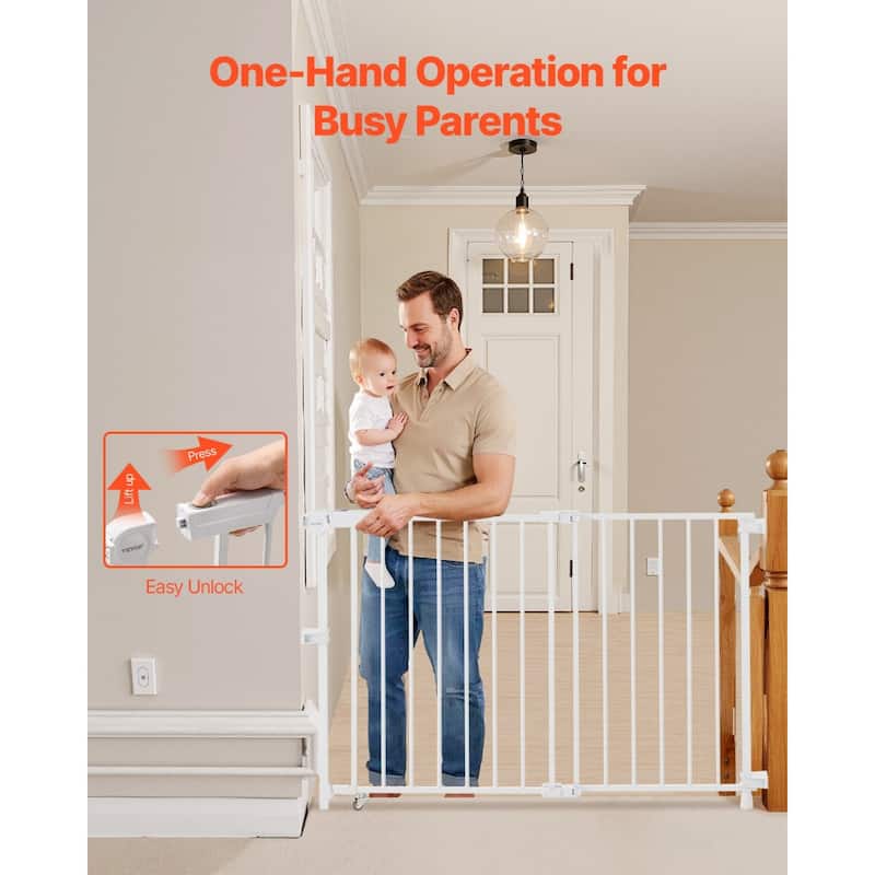 White Adjustable Baby Gate with Double Lock and One-Handed Operation for Stairs and Doorways - 28"H