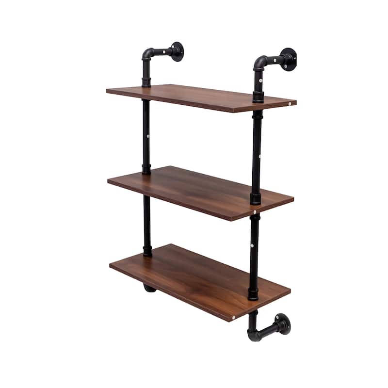 Roomfitters Industrial Pipe Shelf, 3-Tier and 2-Tier Wall Mounted Wooden Display Shelves with Hooks, Walnut