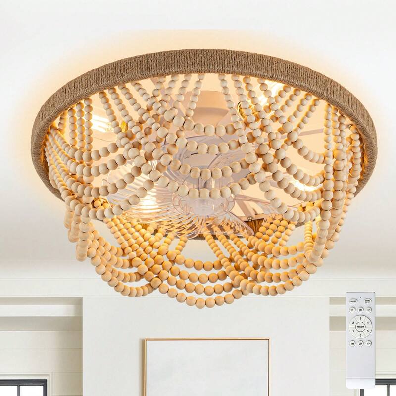 Cusp Barn 20" Boho Caged Ceiling Fan with Light and Remote, Flush Mount Low Profile Fandelier, Famhouse Wood Beaded Ceiling Fan