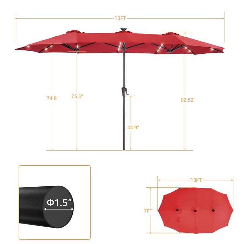 LIVOOSUN 13 x 7.2ft Large LED Double-Sided Rectangular Outdoor Patio Market Umbrella with Crank, Solar Panel, Navy Blue