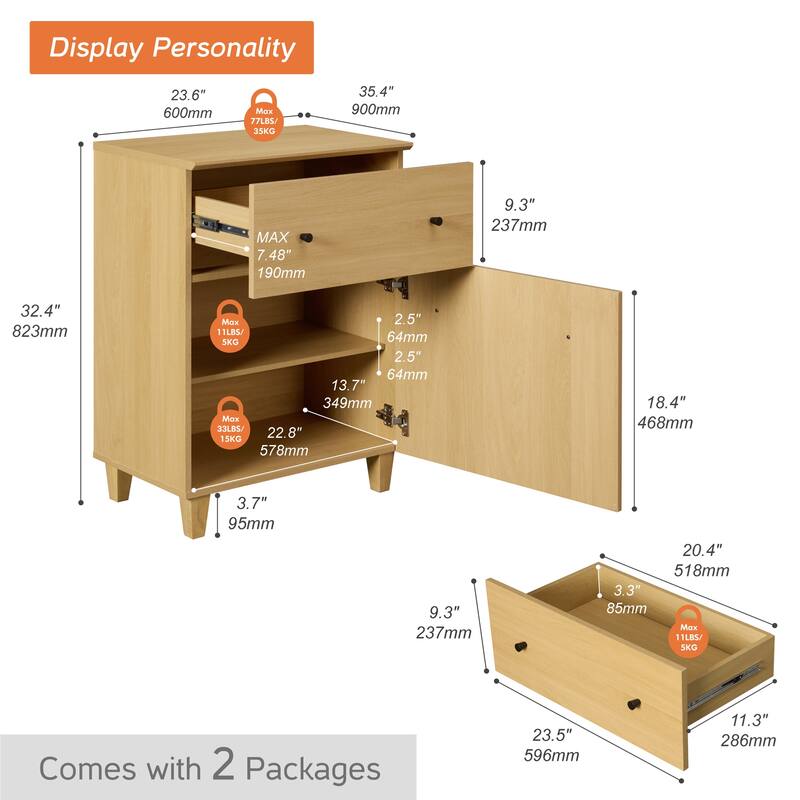 Tall Nightstand with Drawer and Door for Bedroom, 32.4"H