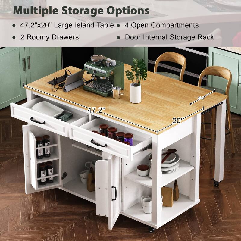 47 Inch Kitchen Island with Extendable Table Rubber Wood Veneer 2 Drawers 2 Cabinets Power Outlet