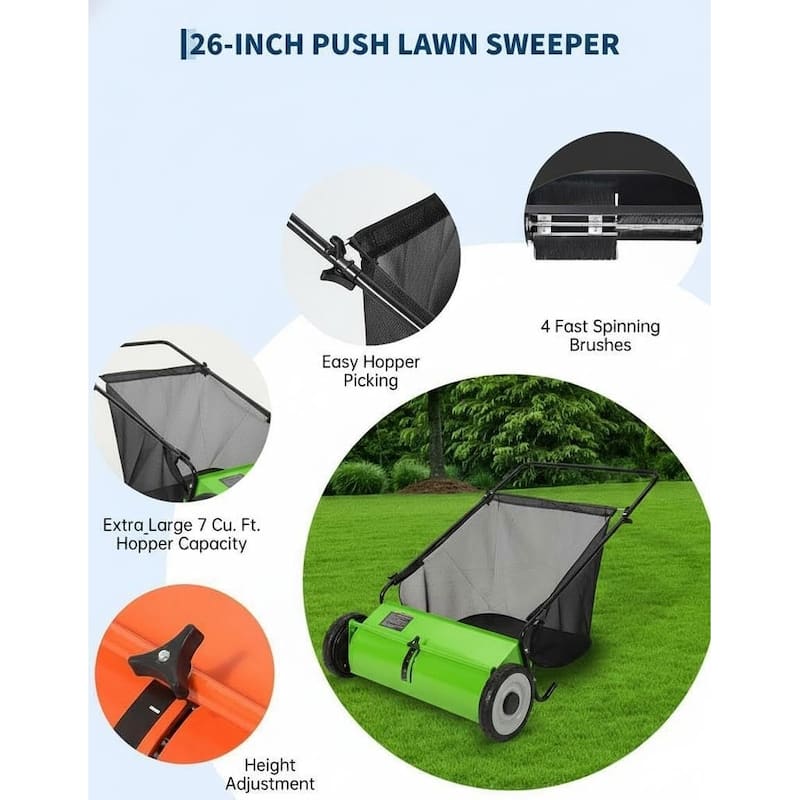 21-Inch Push Lawn Sweeper 35 cu. ft. Capacity Adjustable Height for Grass Leaves and Debris