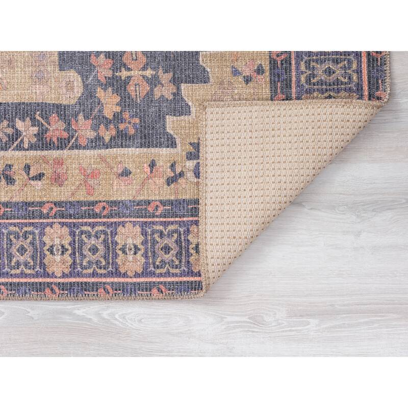 Traditional Transitional Oriental Medallion Border Distressed Textured Cut and Loop Pile Rectangle Area Rug - 7.6x10