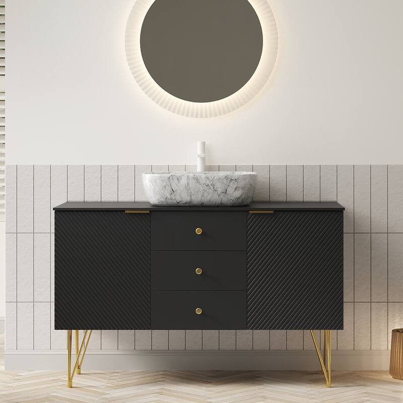 GDFStudio - Gema 48" Freestanding Bathroom Vanity with Black Sintered Stone Top, Gold Legs & Ceramic Basin - Marble White Print