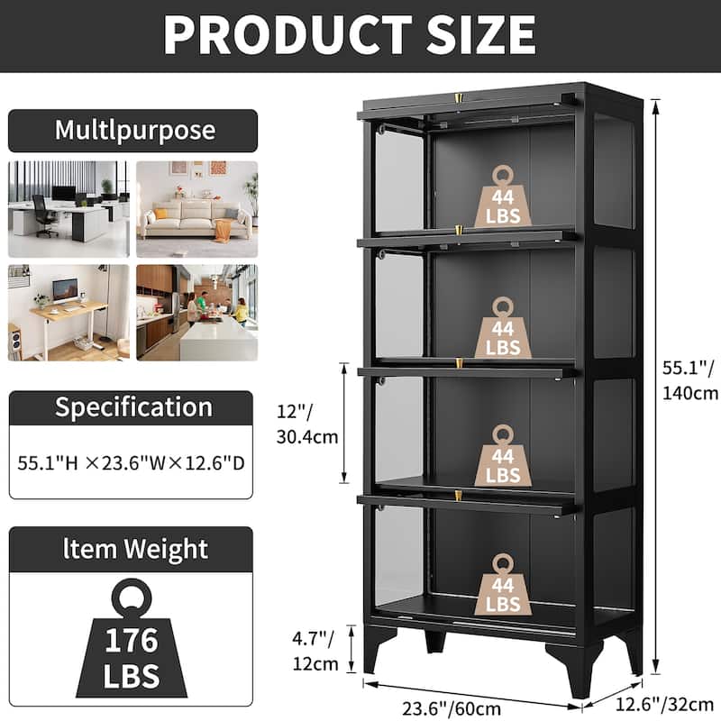 4/5-Tier Curio Display Cabinet with Glass Flip Doors & LED Light Strip