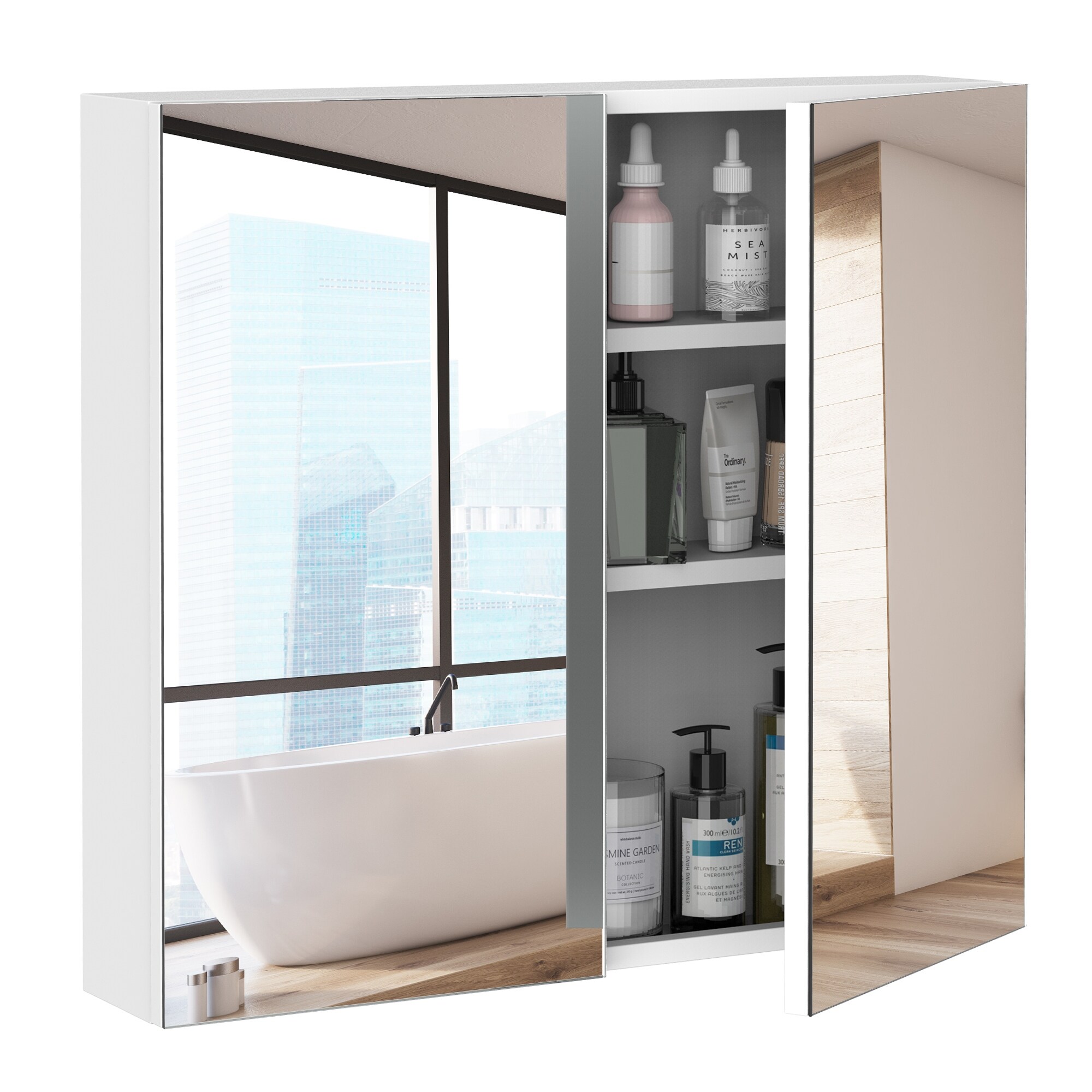 kleankin Wall Mounted Bathroom Medicine Cabinet with Mirror Steel Frame and Storage Organizer Double Doors White