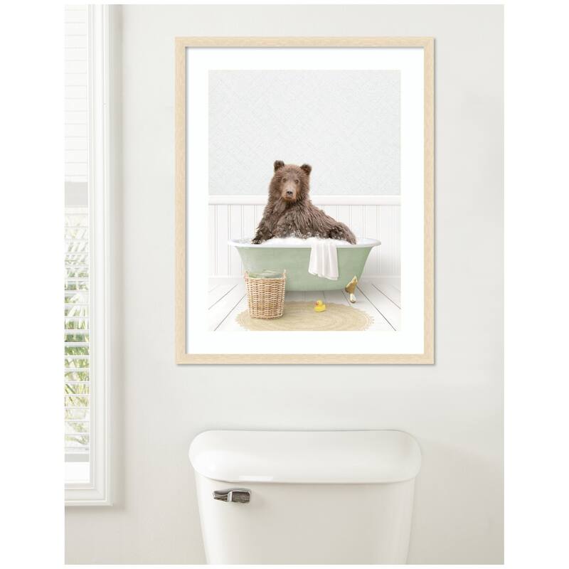 Kate and Laurel Bear in Cottage Green Bath by Amy Peterson Framed Wall Art Print