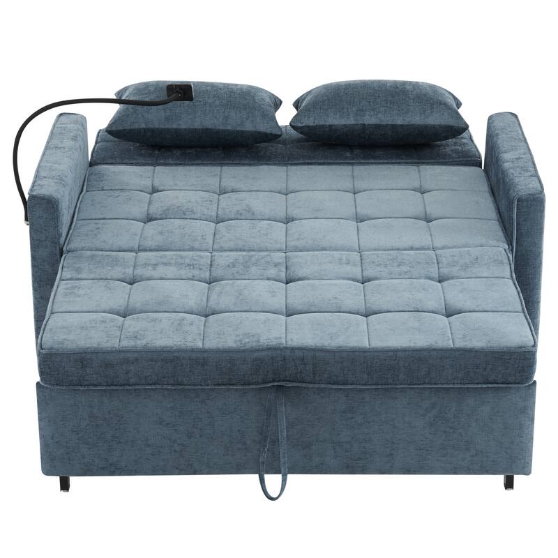 Roomfitters Loveseat Pull-Out Sofa Bed with Reversible Backrest Cushion, Side Pockets, USB Ports, and Phone Holder
