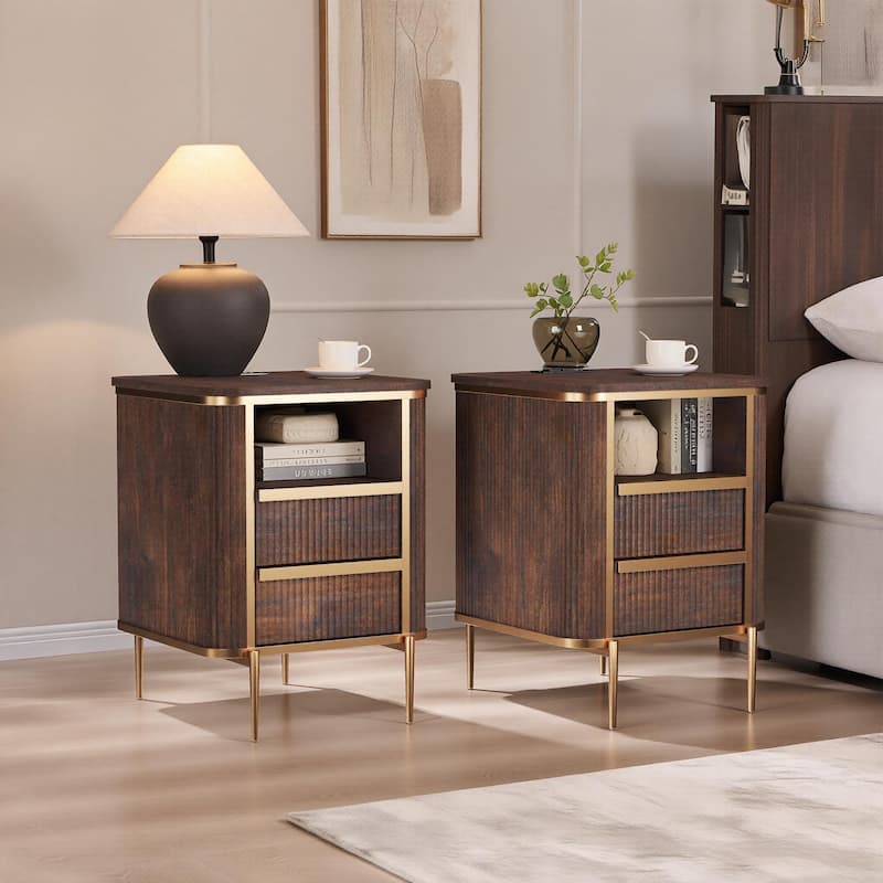 Modern Fluted Nightstand Set of 2 with Charging Station, End table