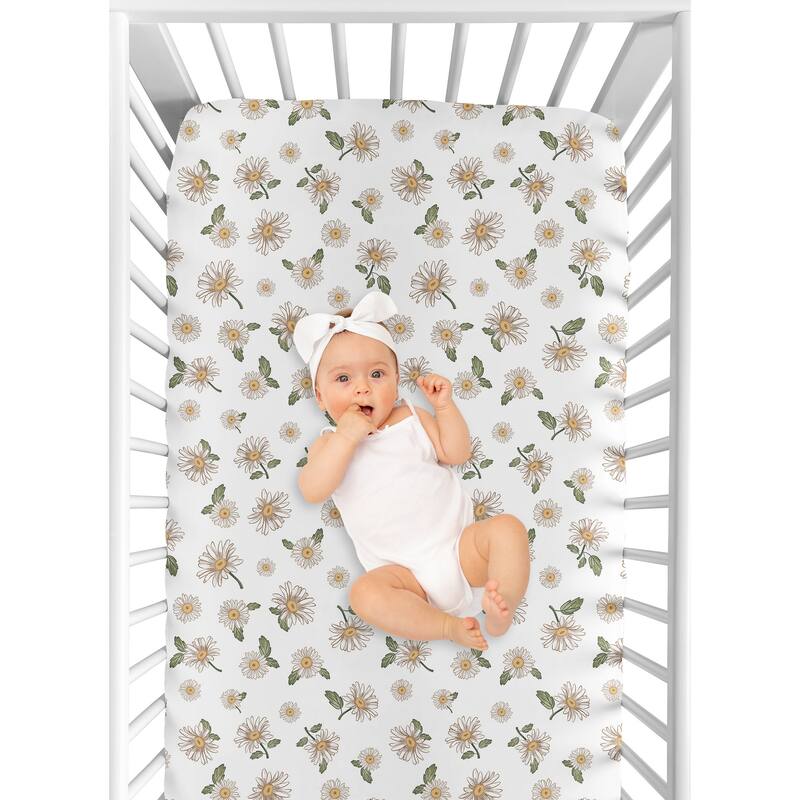Sweet Jojo Designs Vintage Daisy Floral Girl Fitted Crib Sheet - Boho, White Daisies, Bohemian, Shabby Chic, Flower, Farmhouse