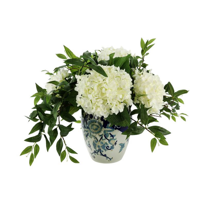 Hydrangea and Ruscus Arrangement in a Ceramic Vase - White, Green, Blue