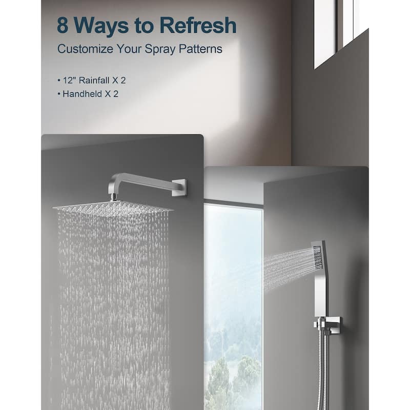 GRANDJOY 12 inch Wall Mounted Dual Shower Heads with Handheld Spray Combo Thermostatic High Pressure Shower System