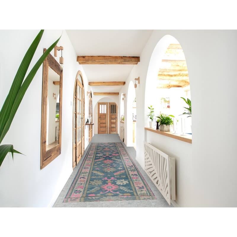 Hand Knotted Oriental 100% Wool Carpet Transitional Floral Navy Blue & Blues Oushak Runner Rug - 15' 10'' X 3' 2''