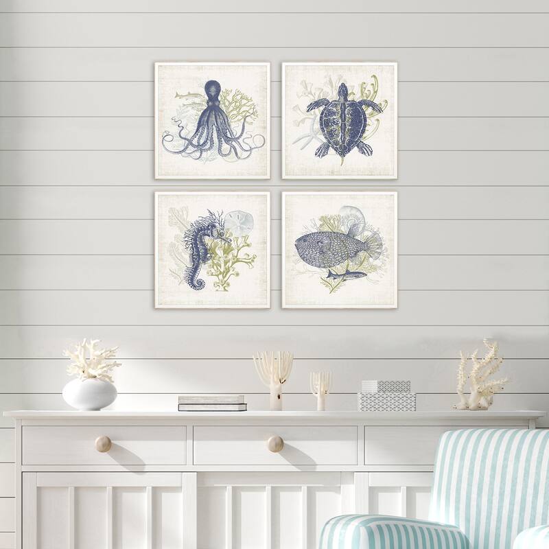 Coastal Ephemera S/4 Framed Art Giclee Under Glass - Blue