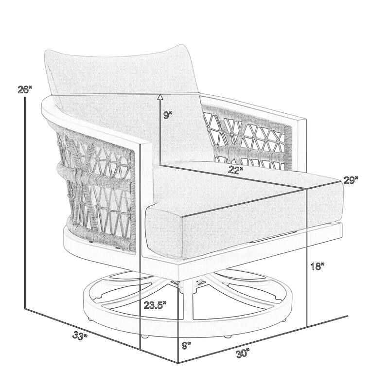 Hosa 30 Inch Outdoor Patio Swivel Armchair, Gray Metal Frame, Woven Rope