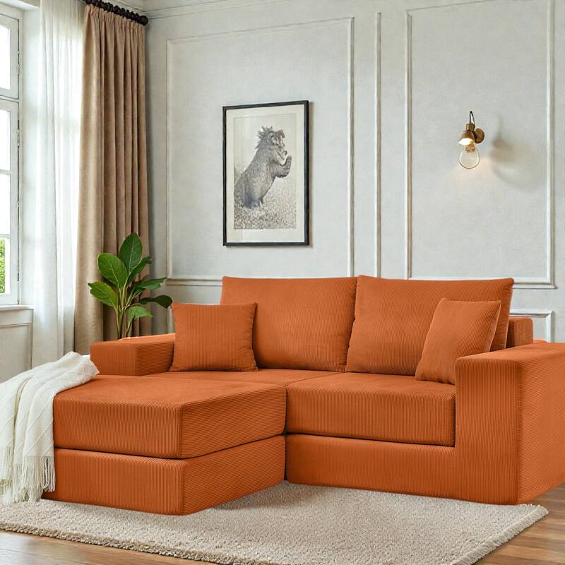 Modular Cloud Sectional Couch, L Shaped Upholstered Sofa with Removable Ottoman and Deep Seat, No Assembly - Orange