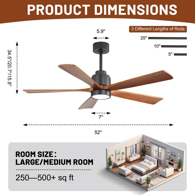 52" Solid Wood Noiseless Ceiling Fans with Dimmable LED Light Optional and Remote, 6-Speed Reversible DC Motor,Smart Optional